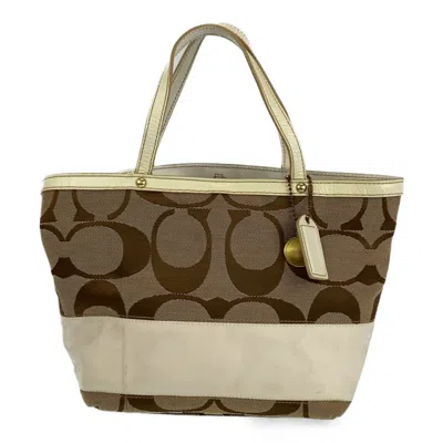 Pre-owned Coach Beige White Leather Canvas Handbag Tote Bag ()