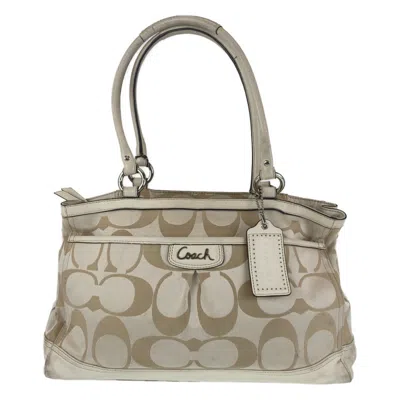 Pre-owned Coach Beige White Signature Line Leather Shoulder Bag Tote Bag ()
