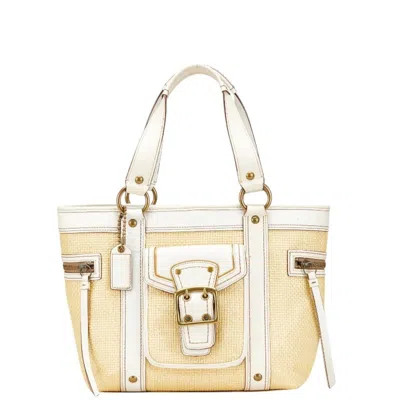 Pre-owned Coach Beige White Straw Leather Tote Bag () In Multi