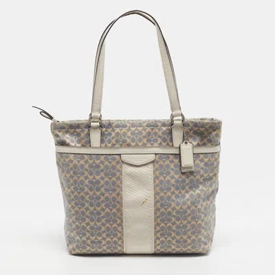 Pre-owned Coach Beige/blue Signature Canvas And Leather Baby Diaper Tote In Sand