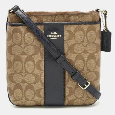 Pre-owned Coach Beige/blue Signature Coated Canvas And Leather Kitt Crossbody Bag In Sand