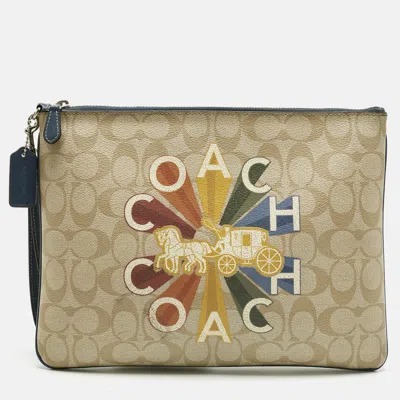 Coach Beige/blue Signature Coated Canvas Large Radial Rainbow Wristlet Pouch In Brown