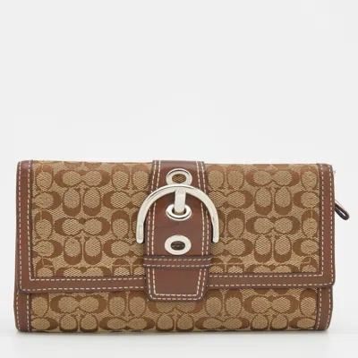 Coach Beige/brown Signature Canvas And Leather Buckle Detail Continental Wallet In Sand