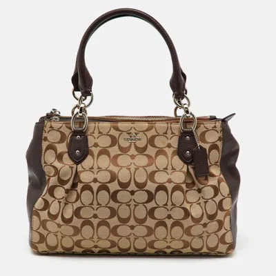 Pre-owned Coach Beige/brown Signature Canvas And Leather Carryall Satchel