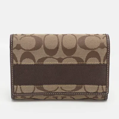 Coach Beige/brown Signature Canvas And Leather Compact Wallet