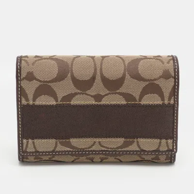 Pre-owned Coach Beige/brown Signature Canvas And Leather Compact Wallet In Sand