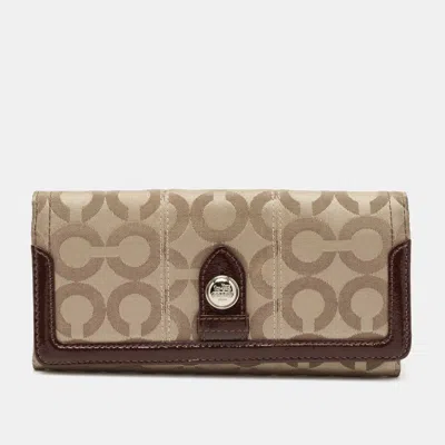 Coach Beige/brown Signature Canvas And Patent Leather Flap Continental Wallet In Sand