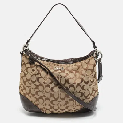 Pre-owned Coach Beige/brown Signature Canvas And Patent Leather Hobo
