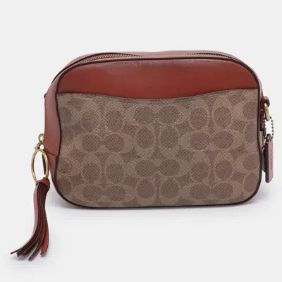 Pre-owned Coach Beige/brown Signature Coated Canvas And Leather Camera Crossbody Bag In Sand