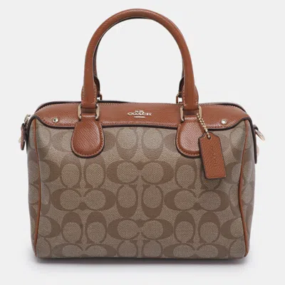 Pre-owned Coach Beige/brown Signature Coated Canvas And Leather Mini Bennett Satchel In Sand