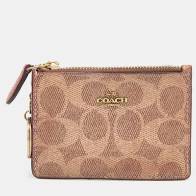 Pre-owned Coach Beige/brown Signature Coated Canvas And Leather Zip Skinny Id Case