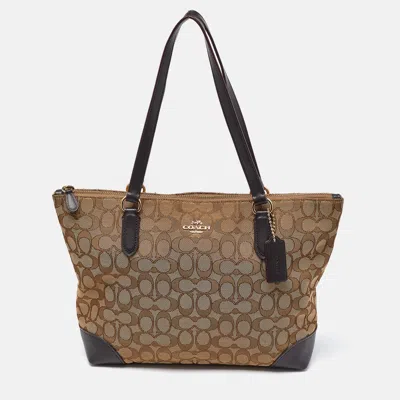 Pre-owned Coach Beige/brown Signature Jacquard And Leather Zip Tote