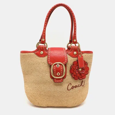 Coach Beige/burnt Orange Raffia And Leather Buckle Flap Tote In Nude