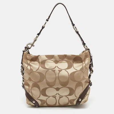 Pre-owned Coach Beige/dark Brown Signature Canvas And Patent Leather Carly Hobo