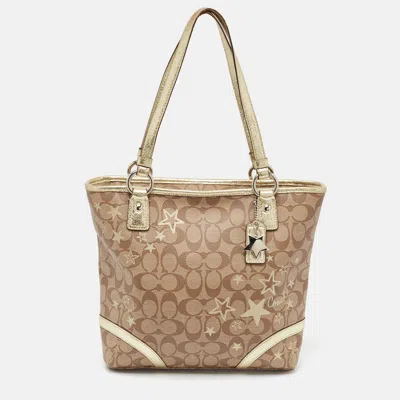 Pre-owned Coach Beige/gold Signature Coated Canvas And Leather Heritage Star Tote
