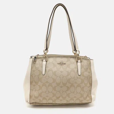 Pre-owned Coach Beige/off White Signature Coated Canvas And Leather Christie Carryall Satchel