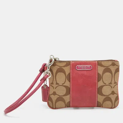 Coach Beige/pink Signature Canvas And Leather Wristlet Pouch