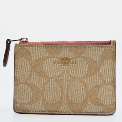 Pre-owned Coach Beige/pink Signature Coated Canvas And Leather Zip Card Holder
