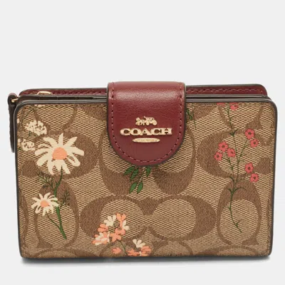 Pre-owned Coach Beige/red Signature Coated Canvas And Leather Floral Corner Zip Compact Wallet In Sand