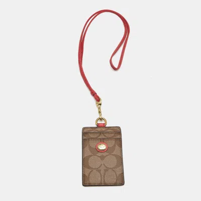 Pre-owned Coach Beige/red Signature Coated Canvas Lanyard Id Card Holder In Sand