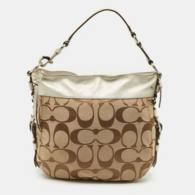 Pre-owned Coach Beige/silver Signature Canvas And Leather Zoe Hobo