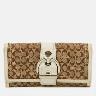 Coach Beige/white Signature Canvas And Leather Buckle Detail Continental Wallet In Blue