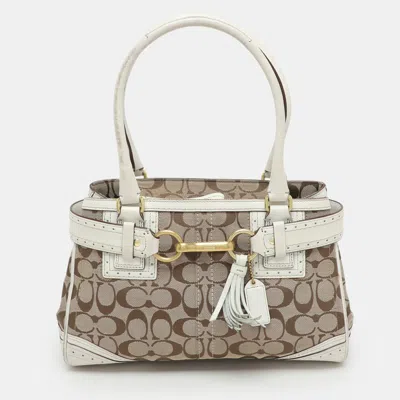 Pre-owned Coach Beige/white Signature Canvas And Leather Hampton Satchel