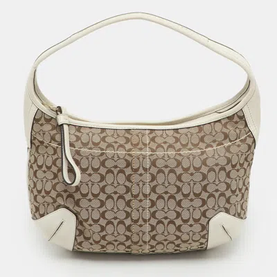 Pre-owned Coach Beige/white Signature Canvas And Leather Shoulder Bag
