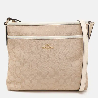 Pre-owned Coach Beige/white Signature Canvas And Leather Swingpack File Crossbody Bag