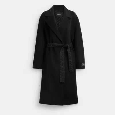 Coach Belted Wool Long Coat In Black