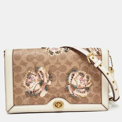 Pre-owned Coach Beoge/old Rose Signature Coated Canvas And Leather Rose Embellished Riley Crossbody Bag In Beige