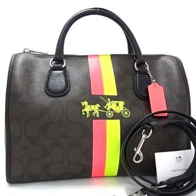 Pre-owned Coach Black Brown Red Color Yellow Leather Pvc Handbag Shoulder Bag Tote Bag ()