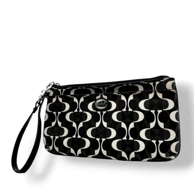 Pre-owned Coach Black Gray White Coated Canvas Leather Clutch Bag Pouch () In Black, Gray, White