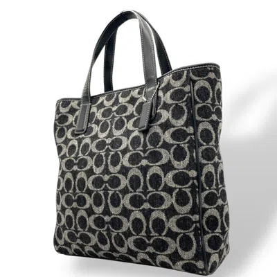 Pre-owned Coach Black Gray Wool Leather Handbag Tote Bag () In Multi