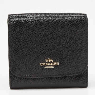 Pre-owned Coach Black Leather Trifold Compact Wallet