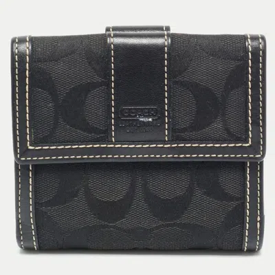Coach Black Signature Canvas And Leather Flap Compact Wallet