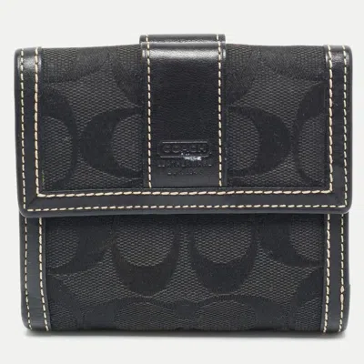Coach Black Signature Canvas And Leather Flap Compact Wallet