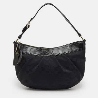 Pre-owned Coach Black Signature Canvas And Patent Leather Pleated Hobo