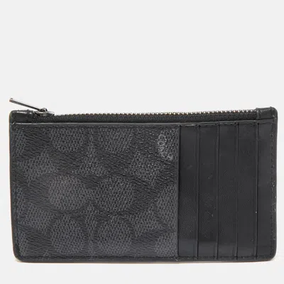 Coach Black Signature Coated Canvas And Leather Zip Card Case