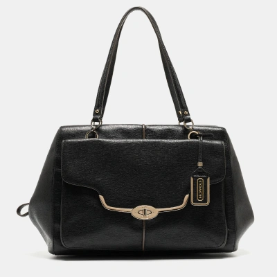 Pre-owned Coach Black Textured Leather E/w Madison Madeline Satchel