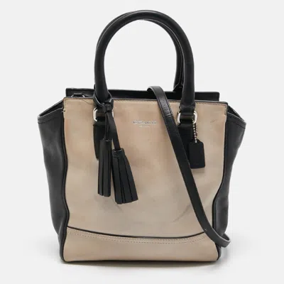 Coach Black/beige Leather Tassel Tote In Pattern