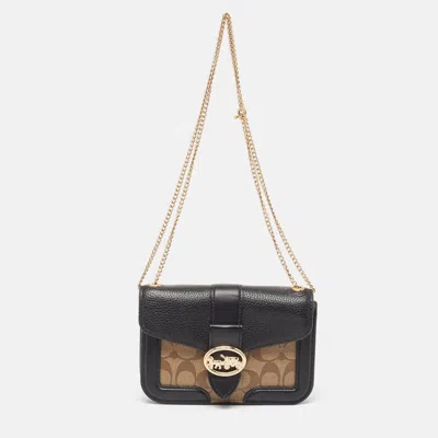 Pre-owned Coach Black/beige Signature Coated Canvas And Leather Georgie Crossbody Bag