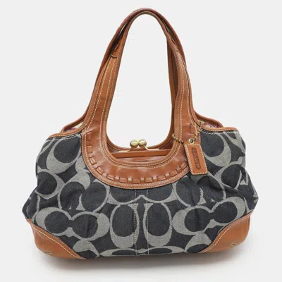 Pre-owned Coach Black/brown Denim And Leather Frame Shoulder Bag