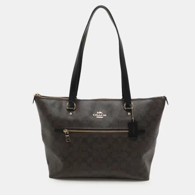 Pre-owned Coach Black/brown Signature Coated Canvas And Leather Gallery Tote