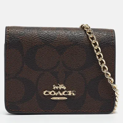 Pre-owned Coach Black/brown Signature Coated Canvas And Leather Mini Chain Card Case