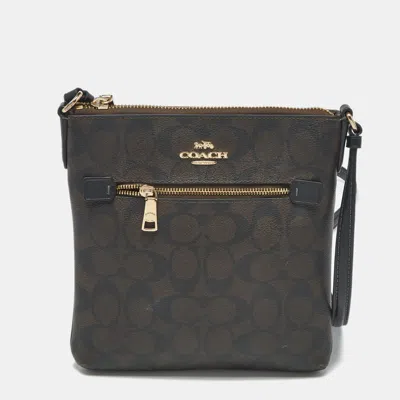 Pre-owned Coach Black/brown Signature Coated Canvas And Leather Mini Rowan Messenger Bag