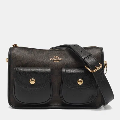 Pre-owned Coach Black/brown Signature Coated Canvas And Leather Pennie Crossbody Bag