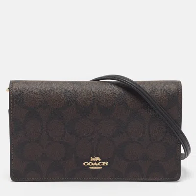 Pre-owned Coach Black/dark Brown Signature Coated Canvas And Leather Wallet On Chain