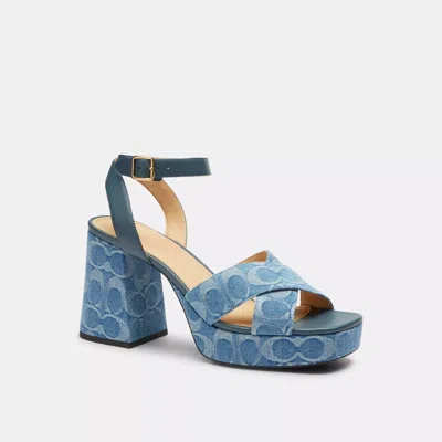 Coach Block Heel Sandal In Signature Denim In Animal Print