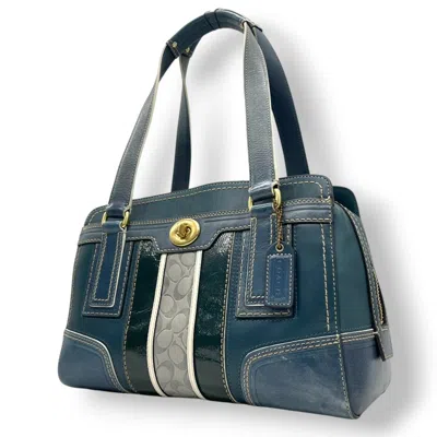 Pre-owned Coach Blue Blue Green Gray Leather Patent Leather Handbag Tote Bag ()